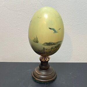 Vintage Sewell Creations Transferware Beach Scene Large Egg on Wooden Pedestal